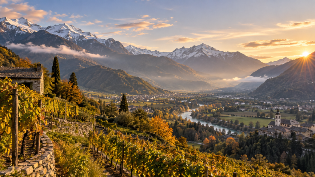 Vigneti della Val d’Ossola in autunno con panorama alpino al tramonto
