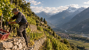 Viticoltore al lavoro su vigneti terrazzati di montagna in Val d’Ossola