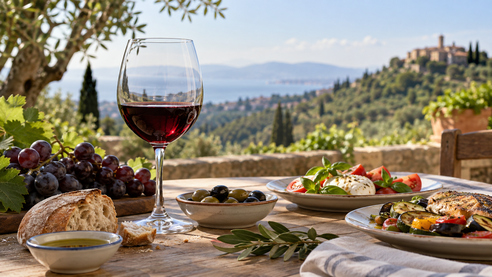 Calice di vino rosso servito a tavola con un pasto equilibrato