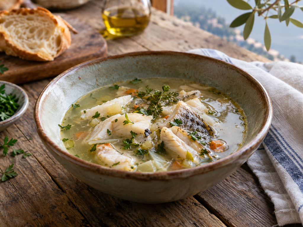 Zuppetta di pesce di lago con pesce d’acqua dolce ed erbe aromatiche