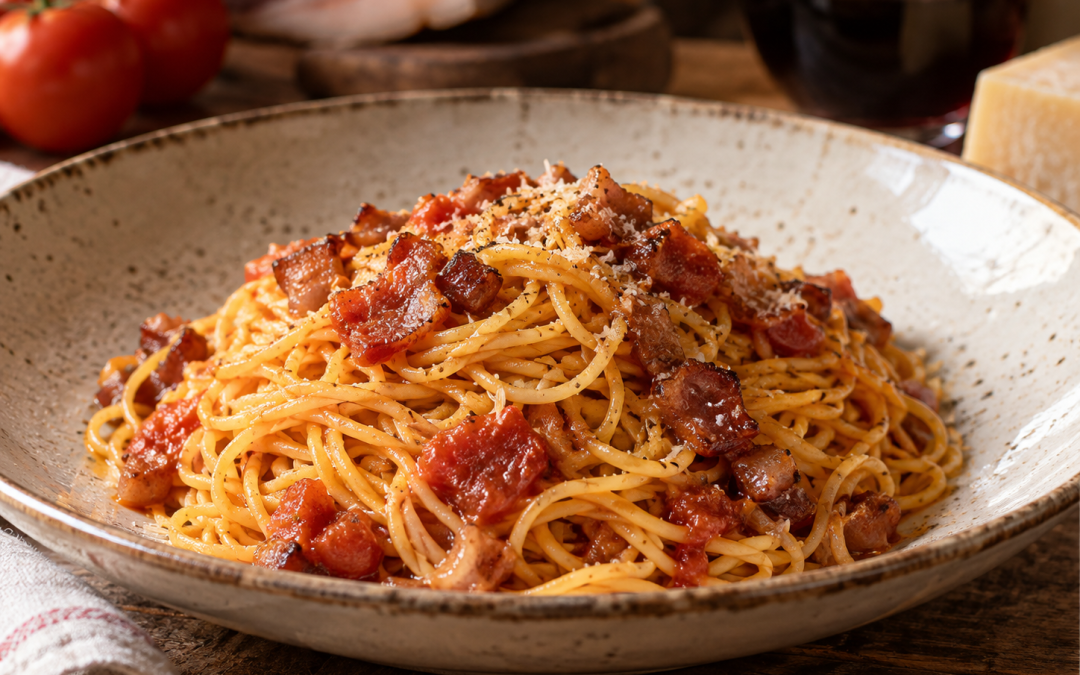 Piemontesische Tajarin mit Tomate und Pancetta