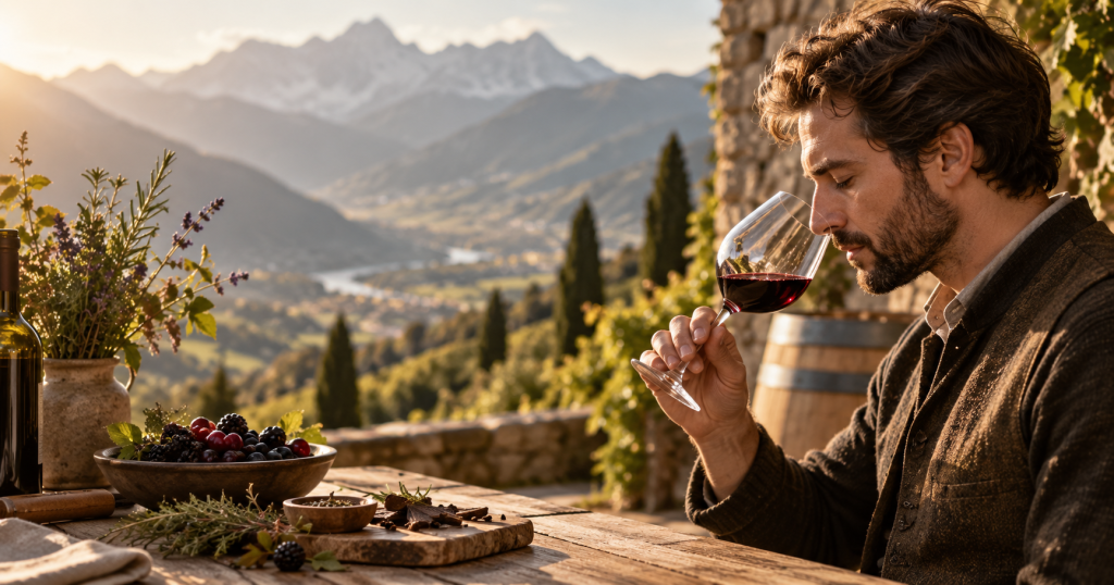Degustazione olfattiva di un vino rosso tra i vigneti