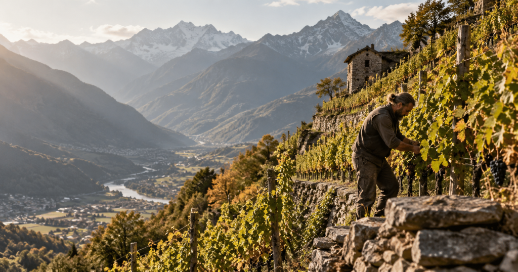 Vigneto terrazzato di montagna in Val d’Ossola durante la vendemmia